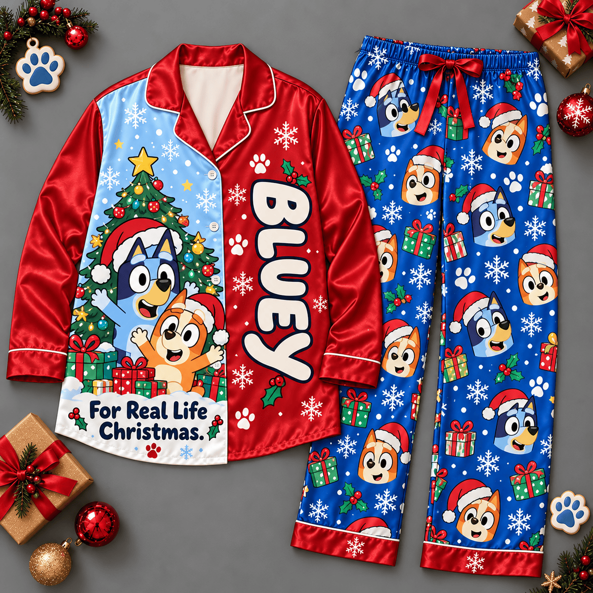 Bluey and Bingo Christmas Tree Character Pattern Long Sleeve Pajamas Set NDN Flat Pajamas Mockup
