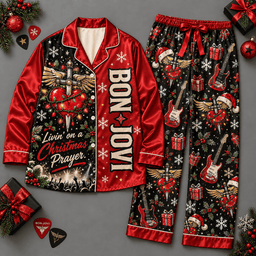 Bon Jovi Livin on a Prayer Holiday Collage Long Sleeve Pajamas Set NDN Flat Pajamas Mockup