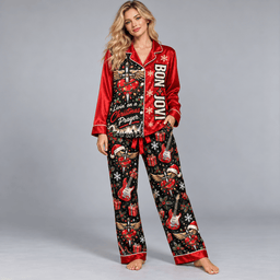 Bon Jovi Livin on a Prayer Holiday Collage Long Sleeve Pajamas Set NDN Worn Pajamas Mockup