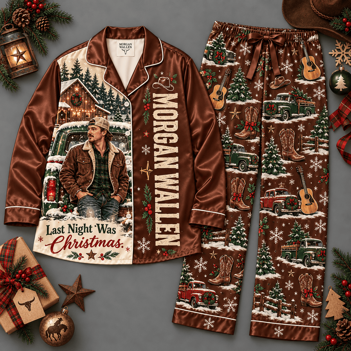 Morgan Wallen Portrait Brown Woodland Christmas Pattern Long Sleeve Pajamas Set NDN Flat Pajamas Mockup