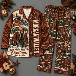 Morgan Wallen Portrait Brown Woodland Christmas Pattern Long Sleeve Pajamas Set NDN Flat Pajamas Mockup