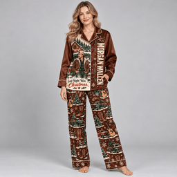 Morgan Wallen Portrait Brown Woodland Christmas Pattern Long Sleeve Pajamas Set NDN Worn Pajamas Mockup