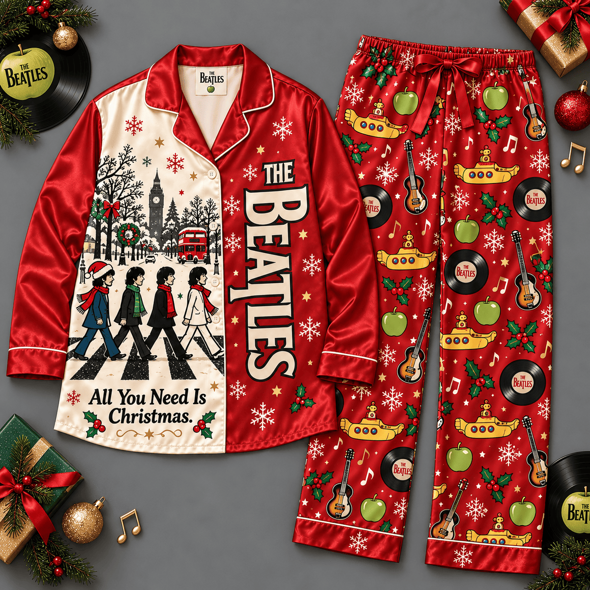 The Beatles Abbey Road Christmas Character Pattern Long Sleeve Pajamas Set NDN Flat Pajamas Mockup