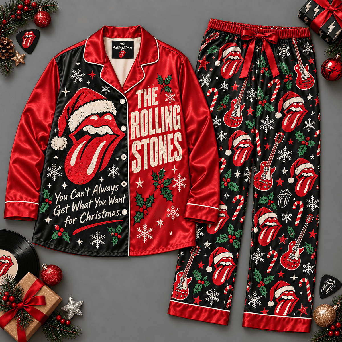The Rolling Stones Tongue Logo Snowflake Pattern Long Sleeve Pajamas Set NDN Flat Pajamas Mockup