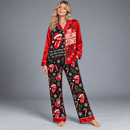 The Rolling Stones Tongue Logo Snowflake Pattern Long Sleeve Pajamas Set NDN Worn Pajamas Mockup