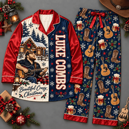 Luke Combs Portrait Festive Snowman Holiday Pattern Long Sleeve Pajamas Set NDN Flat Pajamas Mockup
