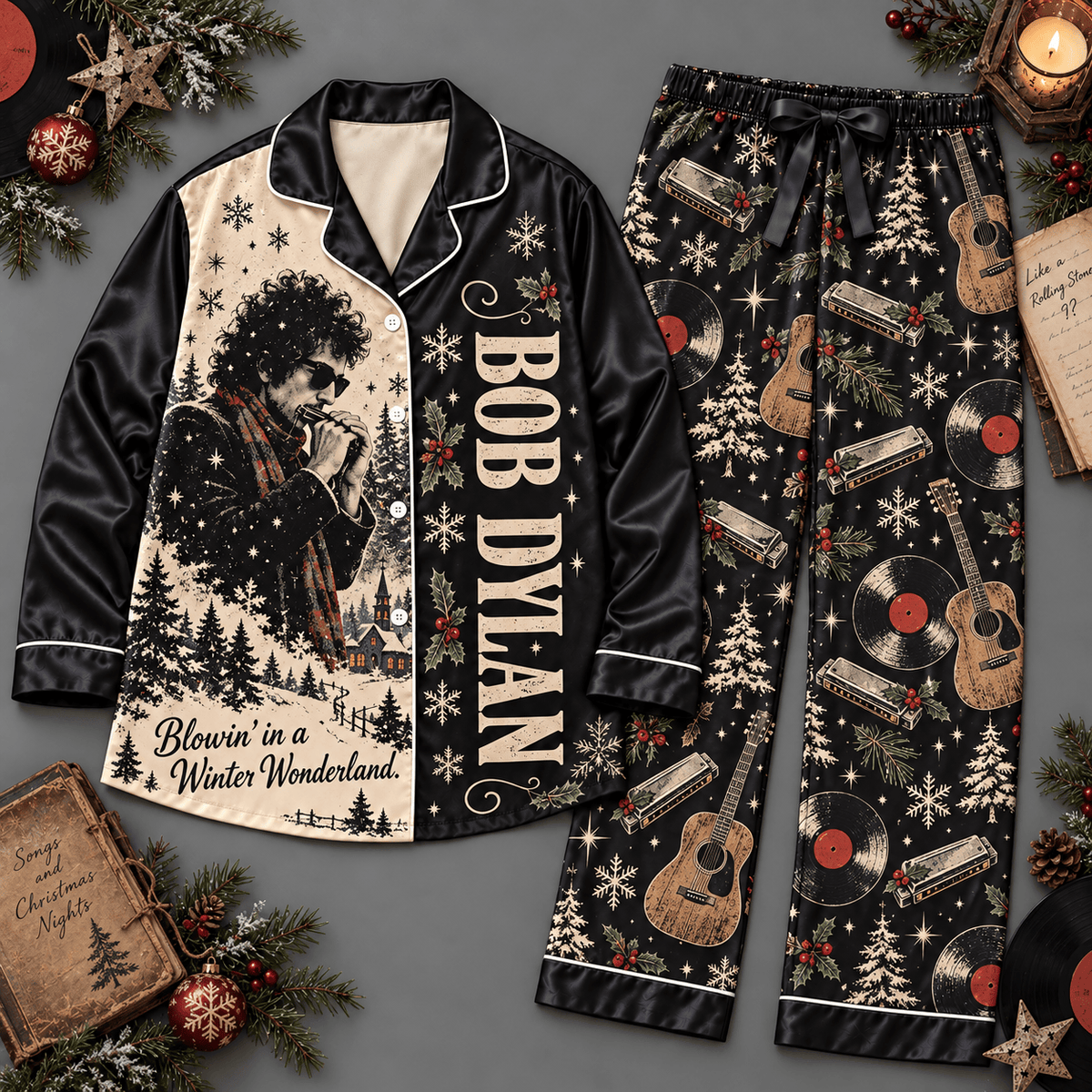 Bob Dylan Portrait Guitar Holiday Snowflake Pattern Long Sleeve Pajamas Set NDN Flat Pajamas Mockup