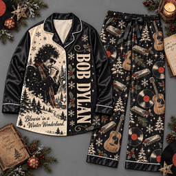 Bob Dylan Portrait Guitar Holiday Snowflake Pattern Long Sleeve Pajamas Set NDN Flat Pajamas Mockup