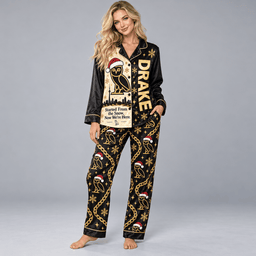 Drake Owl and Gold Star Pattern Long Sleeve Pajamas Set in Black and Cream NDN Worn Pajamas Mockup