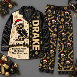 Drake Owl and Gold Star Pattern Long Sleeve Pajamas Set in Black and Cream NDN Flat Pajamas Mockup