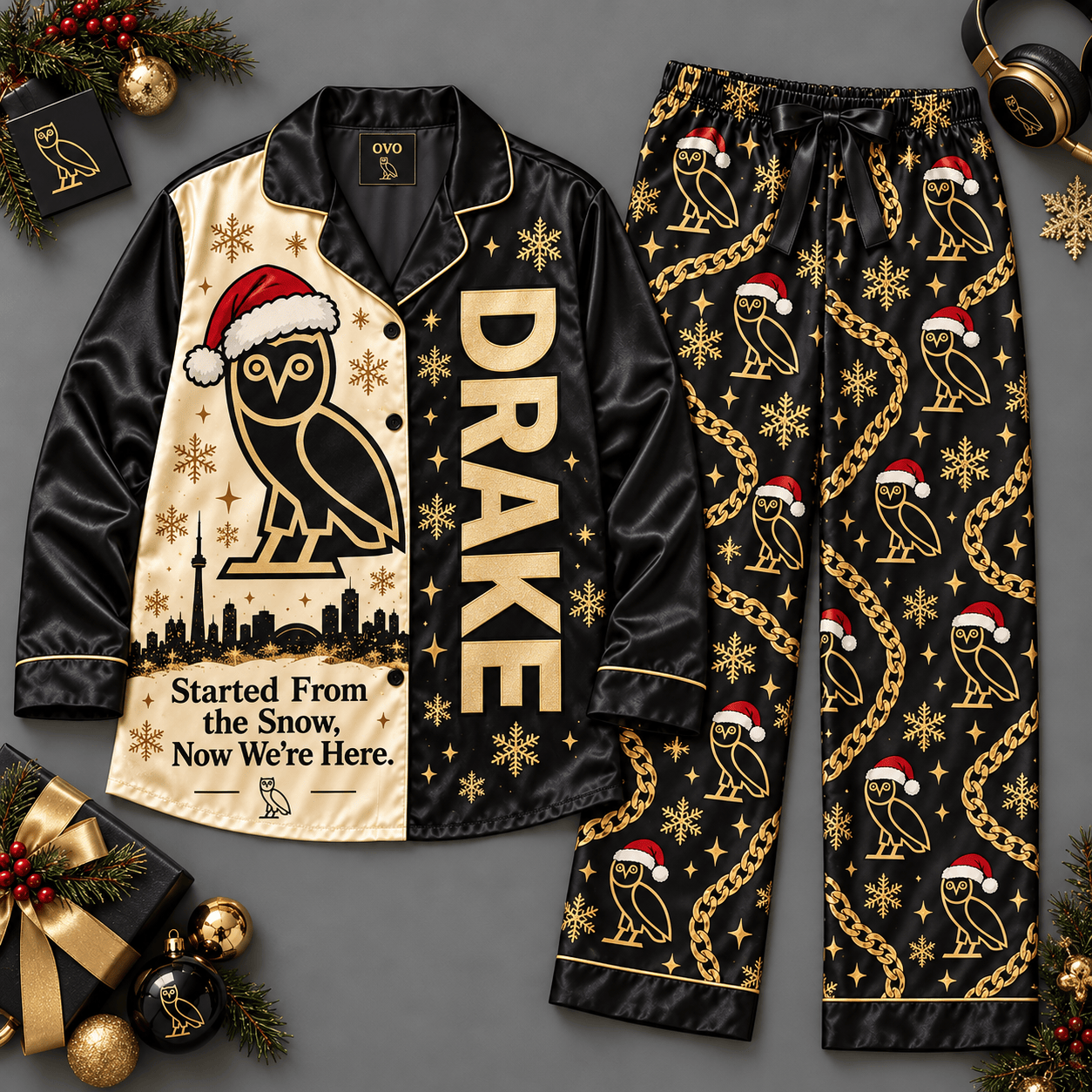 Drake Owl and Gold Star Pattern Long Sleeve Pajamas Set in Black and Cream NDN Flat Pajamas Mockup