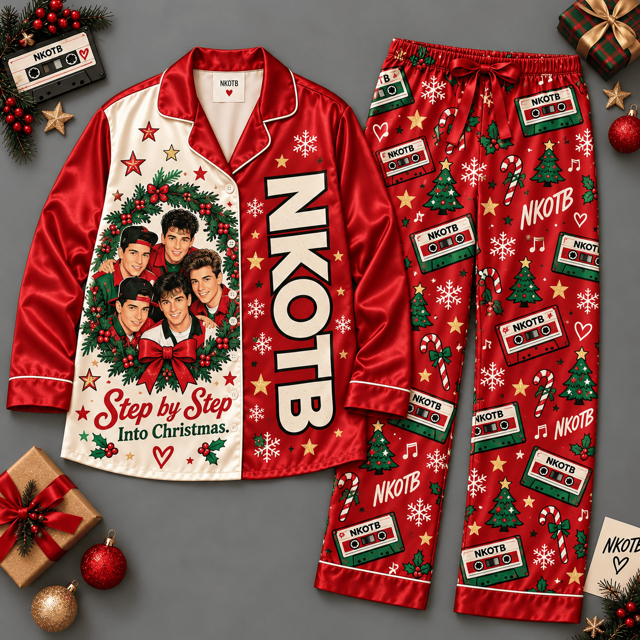 New Kids on the Block Portrait and Festive Red Pattern Long Sleeve Pajamas Set NDN Flat Pajamas Mockup