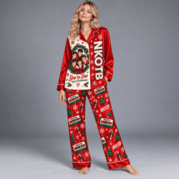 New Kids on the Block Portrait and Festive Red Pattern Long Sleeve Pajamas Set NDN Worn Pajamas Mockup