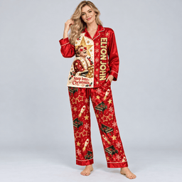 Elton John Portrait with Gold Stars Red Long Sleeve Pajamas Set NDN Worn Pajamas Mockup