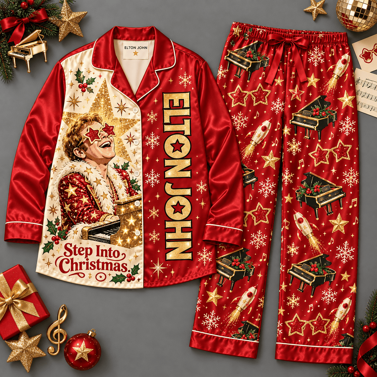 Elton John Portrait with Gold Stars Red Long Sleeve Pajamas Set NDN Flat Pajamas Mockup
