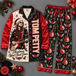 Tom Petty Portrait with Black Holiday Print Long Sleeve Pajamas Set NDN Flat Pajamas Mockup