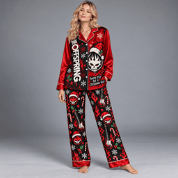 The Offspring Flaming Skull with Snowflake Print Long Sleeve Pajamas Set NDN Worn Pajamas Mockup