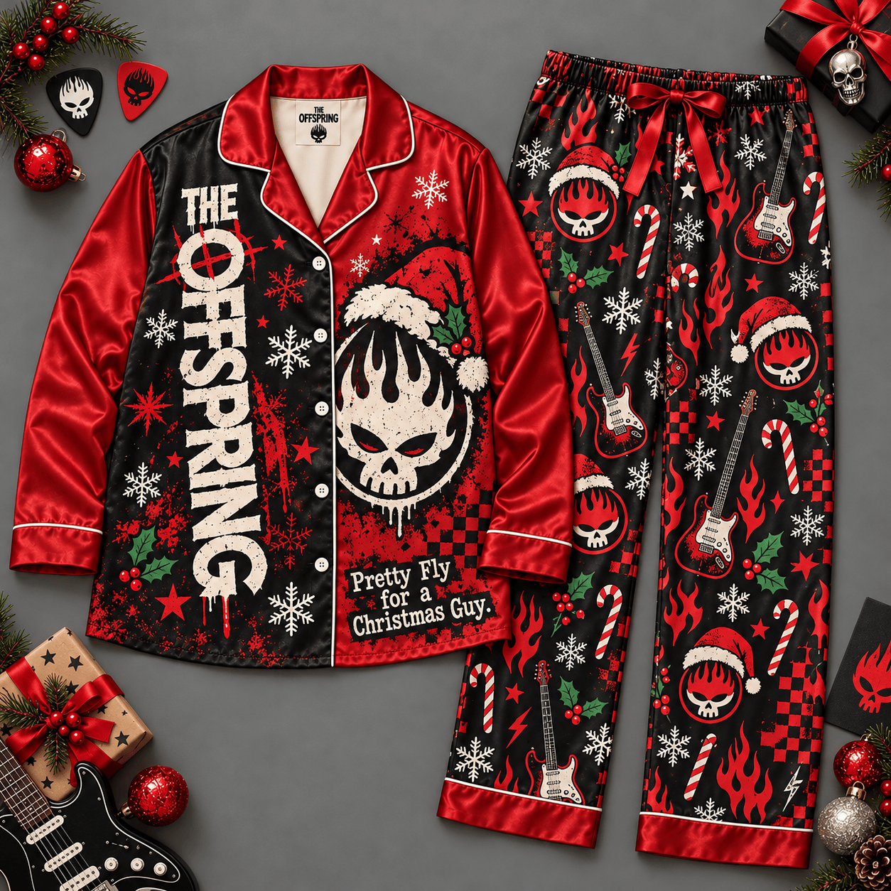 The Offspring Flaming Skull with Snowflake Print Long Sleeve Pajamas Set NDN Flat Pajamas Mockup