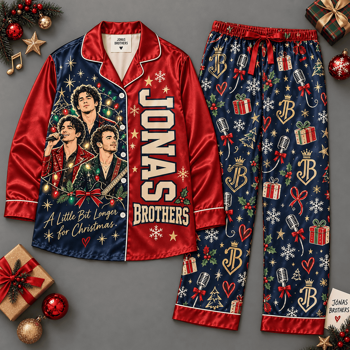 Jonas Brothers Portrait with Navy Holiday Print Long Sleeve Pajamas Set NDN Flat Pajamas Mockup