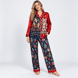 Jonas Brothers Portrait with Navy Holiday Print Long Sleeve Pajamas Set NDN Worn Pajamas Mockup