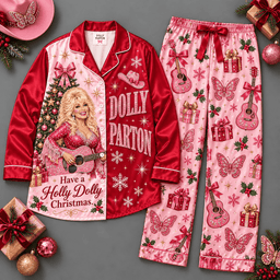 Dolly Parton Portrait with Pink Butterfly Pattern Long Sleeve Pajamas Set NDN Flat Pajamas Mockup