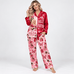 Dolly Parton Portrait with Pink Butterfly Pattern Long Sleeve Pajamas Set NDN Worn Pajamas Mockup