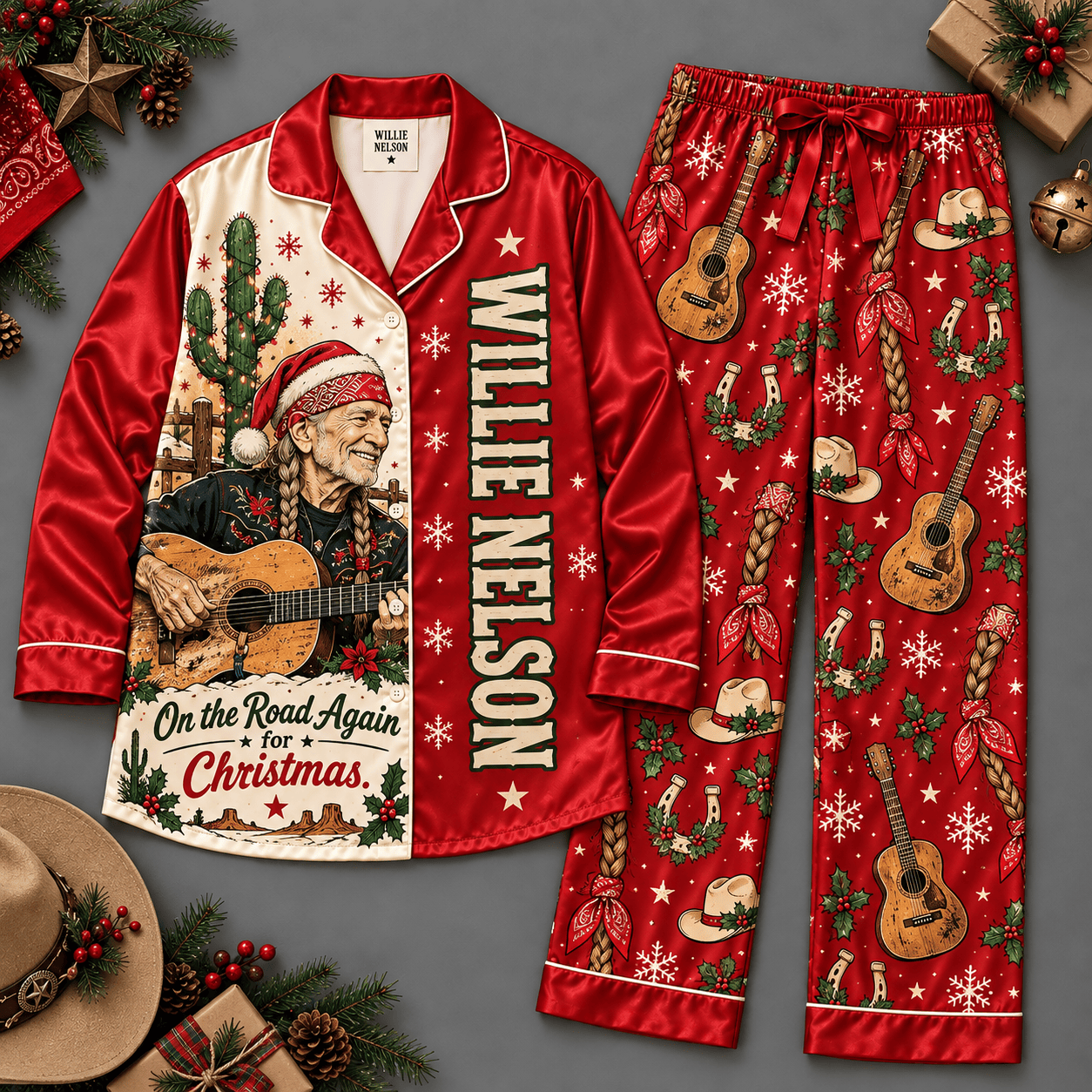 Willie Nelson Portrait with Red Guitar Pattern Long Sleeve Pajamas Set NDN Flat Pajamas Mockup