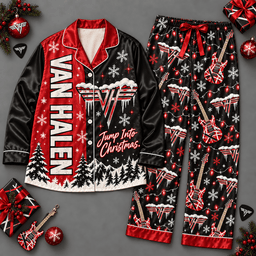 Van Halen Logo with Black Red Holiday Print Long Sleeve Pajamas Set NDN Flat Pajamas Mockup