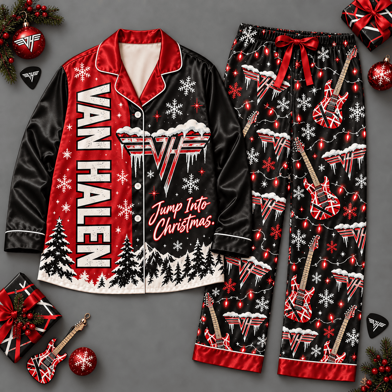 Van Halen Logo with Black Red Holiday Print Long Sleeve Pajamas Set NDN Flat Pajamas Mockup