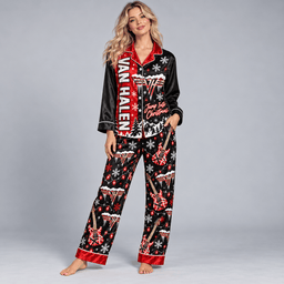 Van Halen Logo with Black Red Holiday Print Long Sleeve Pajamas Set NDN Worn Pajamas Mockup