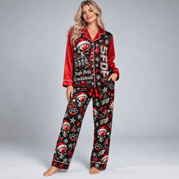 Five Finger Death Punch Skull with Black Red Snowflake Pattern Long Sleeve Pajamas Set NDN Worn Pajamas Mockup