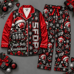 Five Finger Death Punch Skull with Black Red Snowflake Pattern Long Sleeve Pajamas Set NDN Flat Pajamas Mockup
