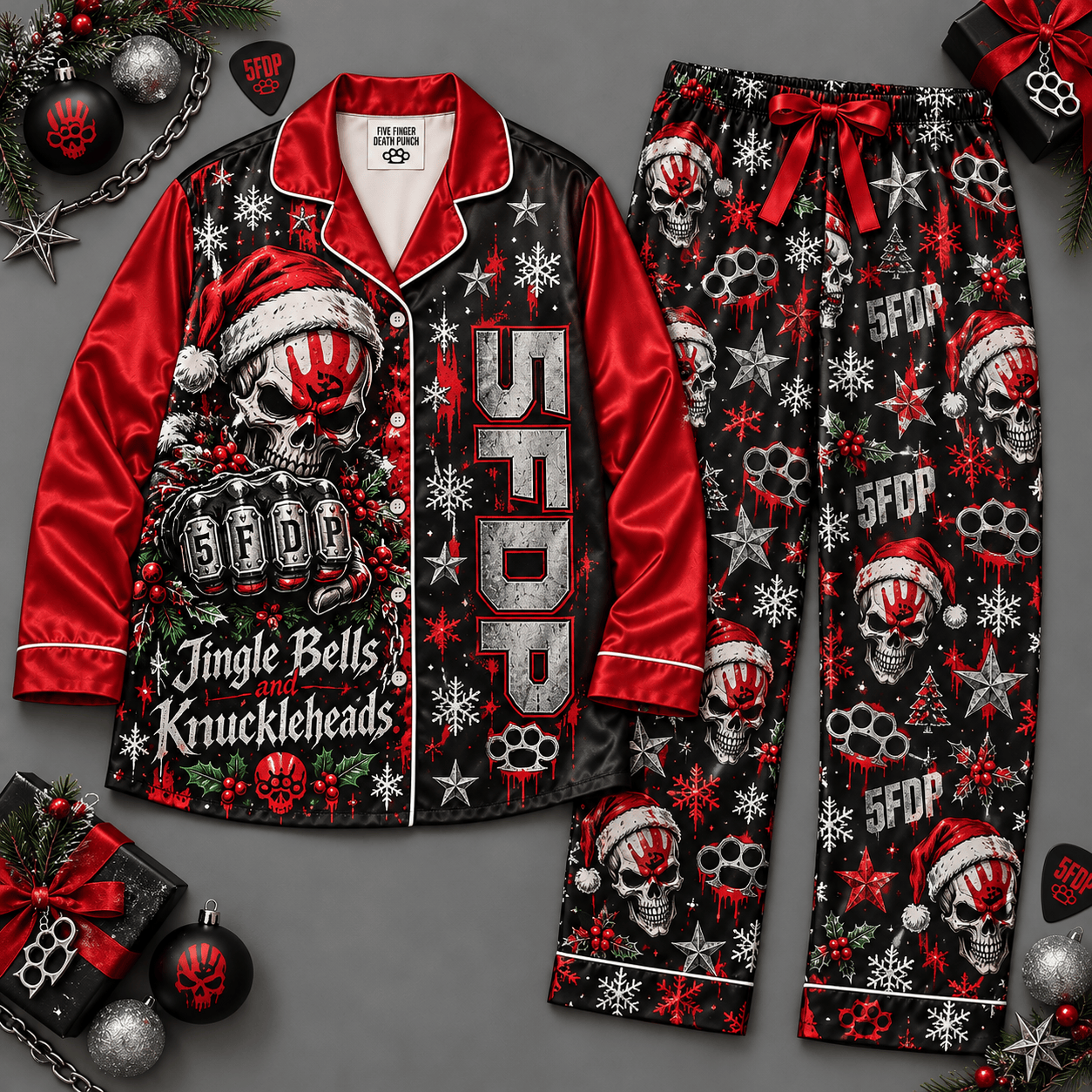 Five Finger Death Punch Skull with Black Red Snowflake Pattern Long Sleeve Pajamas Set NDN Flat Pajamas Mockup