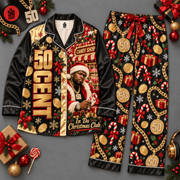 Tech N9ne Portrait with Gold Ornament Pattern Long Sleeve Pajamas Set NDN Flat Pajamas Mockup