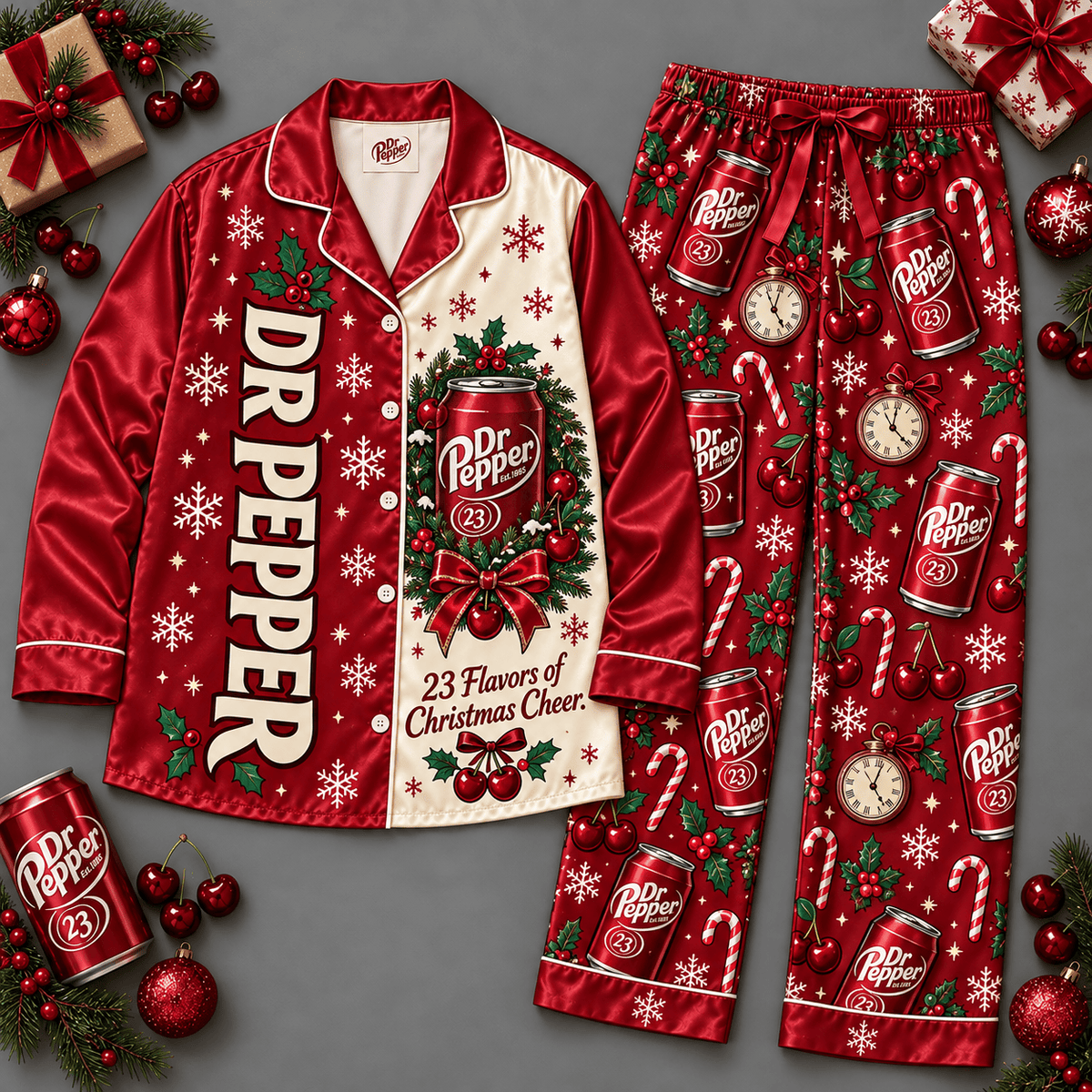 Dr Pepper Holiday Soda Cans and Snowflakes Red Long Sleeve Pajamas Set NDN Flat Pajamas Mockup