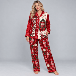 Dr Pepper Holiday Soda Cans and Snowflakes Red Long Sleeve Pajamas Set NDN Worn Pajamas Mockup