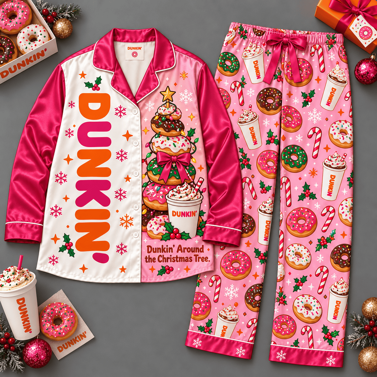 Dunkin Coffee Cups Donuts and Pink Sprinkles Long Sleeve Pajamas Set NDN Flat Pajamas Mockup
