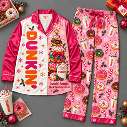 Dunkin Coffee Cups Donuts and Pink Sprinkles Long Sleeve Pajamas Set NDN Flat Pajamas Mockup