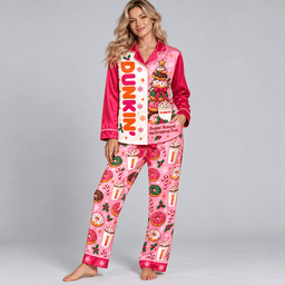 Dunkin Coffee Cups Donuts and Pink Sprinkles Long Sleeve Pajamas Set NDN Worn Pajamas Mockup