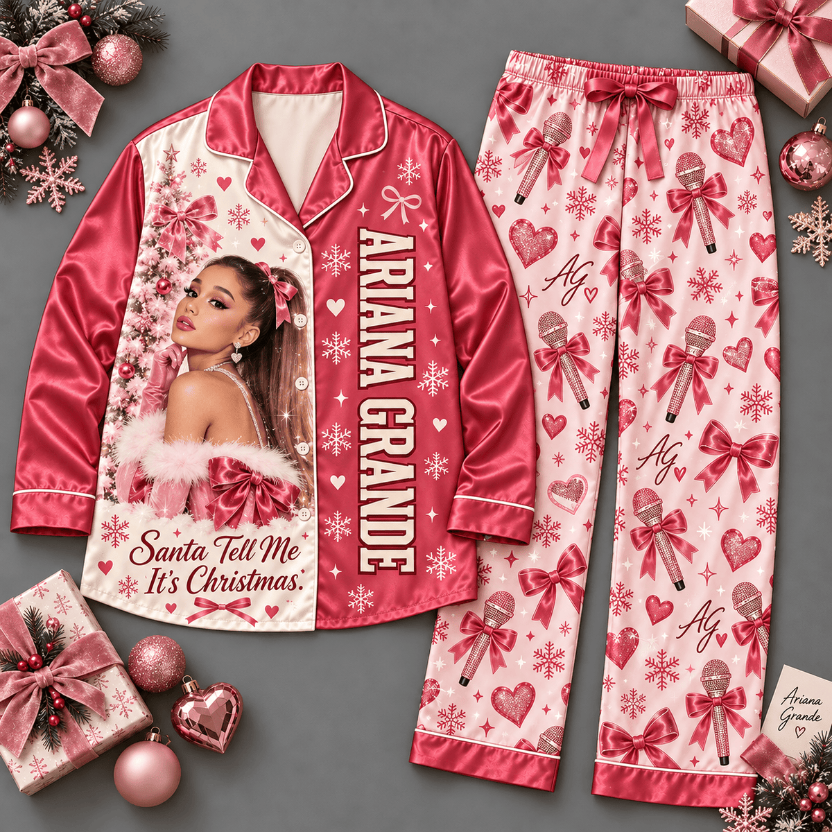 Ariana Grande Portrait Pink Bows and Snowflakes Long Sleeve Pajamas Set NDN Flat Pajamas Mockup