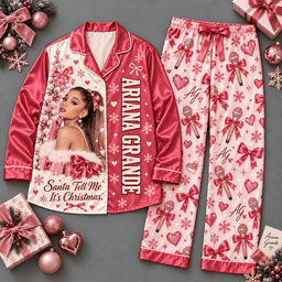 Ariana Grande Portrait Pink Bows and Snowflakes Long Sleeve Pajamas Set NDN Flat Pajamas Mockup