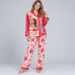 Ariana Grande Portrait Pink Bows and Snowflakes Long Sleeve Pajamas Set NDN Worn Pajamas Mockup