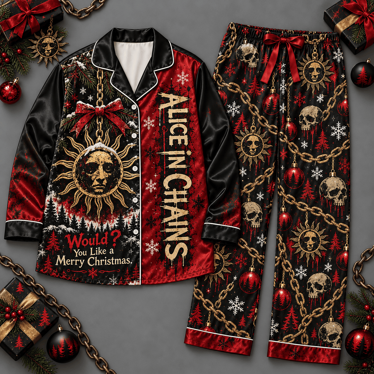 Alice in Chains Celestial Sun Moon Black Red Long Sleeve Pajamas Set NDN Flat Pajamas Mockup