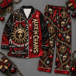 Alice in Chains Celestial Sun Moon Black Red Long Sleeve Pajamas Set NDN Flat Pajamas Mockup