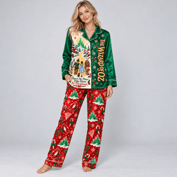 The Wizard of Oz Characters Christmas Trees Long Sleeve Pajamas Set NDN Worn Pajamas Mockup