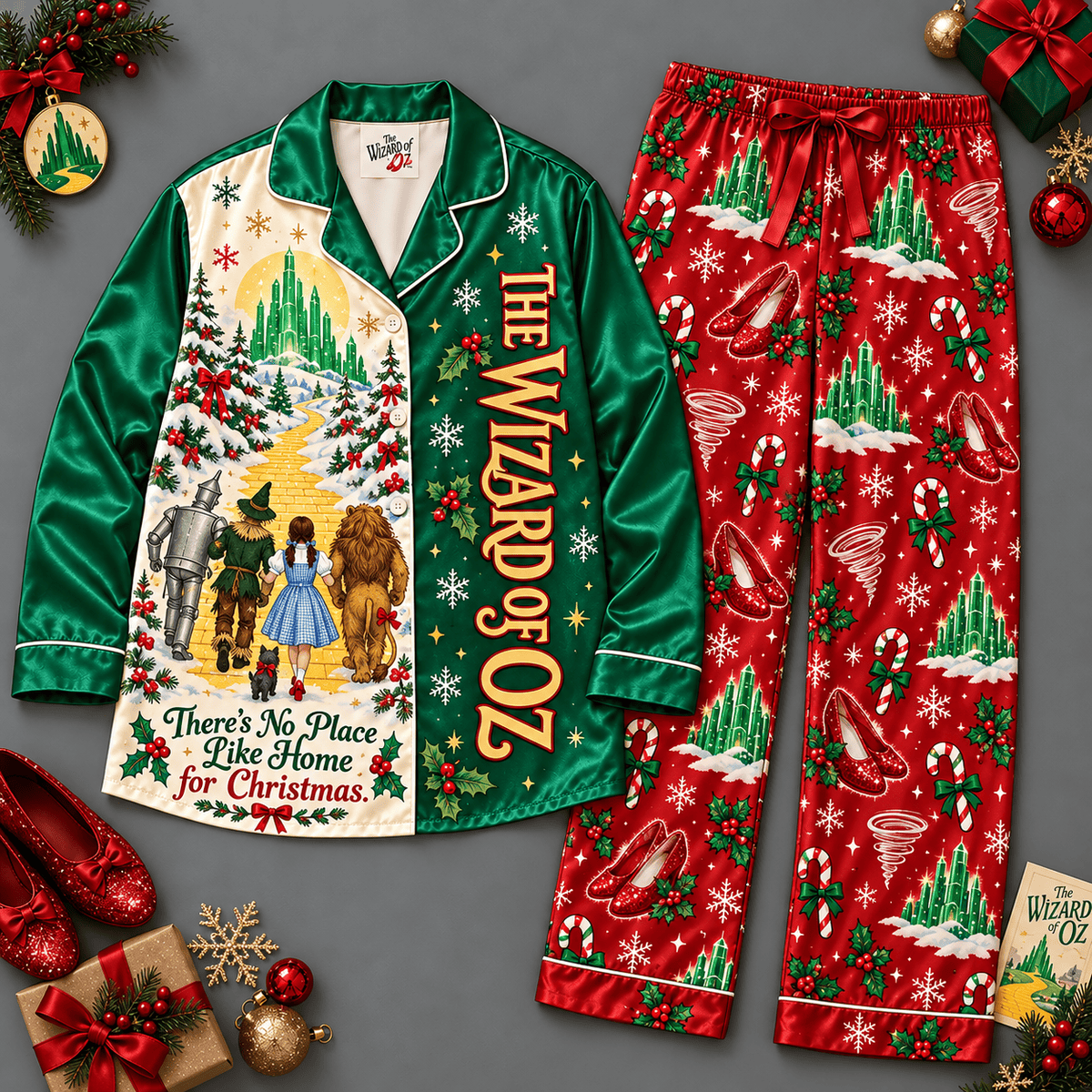 The Wizard of Oz Characters Christmas Trees Long Sleeve Pajamas Set NDN Flat Pajamas Mockup