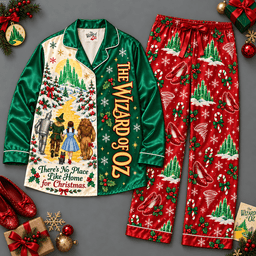 The Wizard of Oz Characters Christmas Trees Long Sleeve Pajamas Set NDN Flat Pajamas Mockup