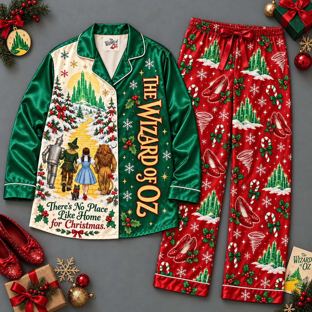 The Wizard of Oz Characters Christmas Trees Long Sleeve Pajamas Set NDN Flat Pajamas Mockup