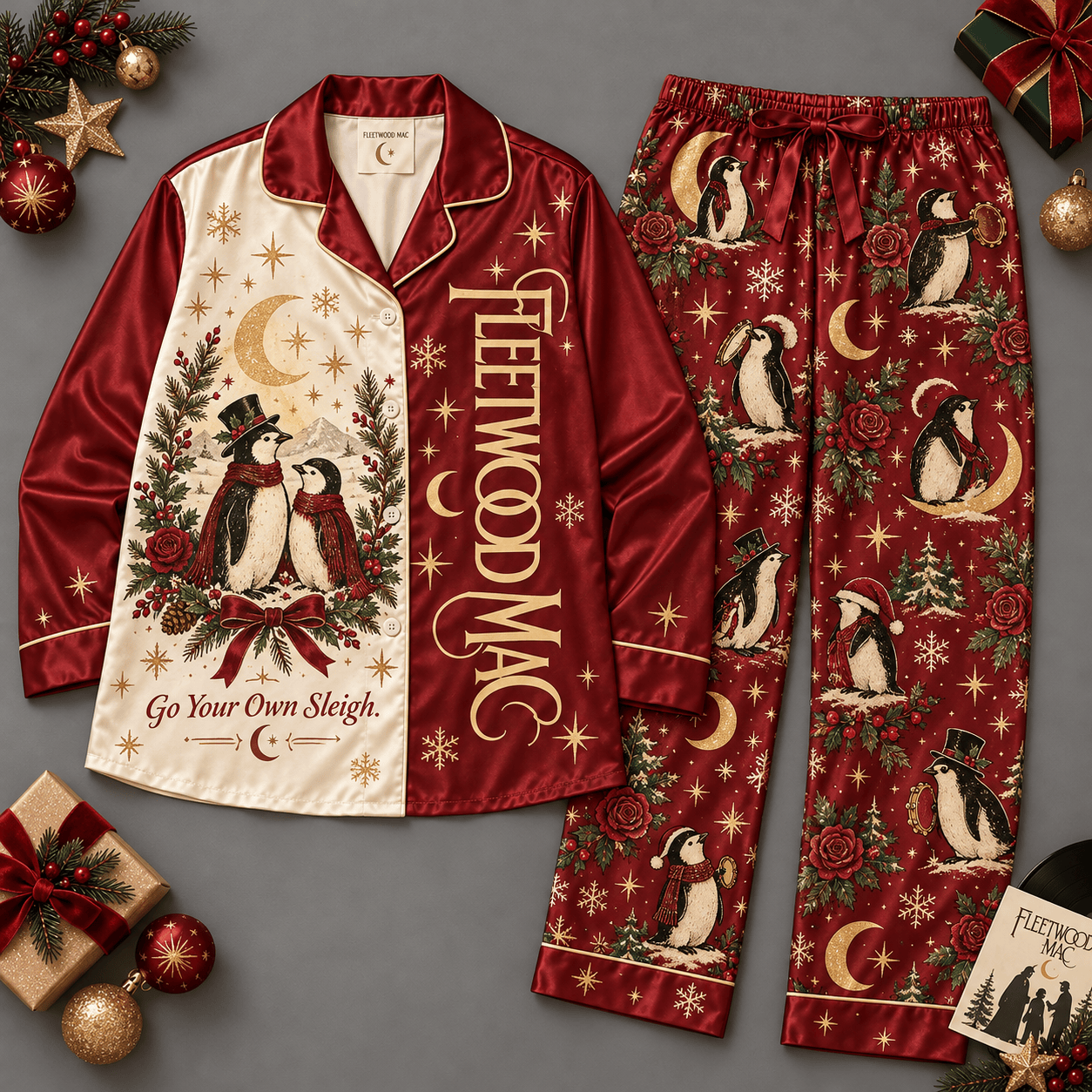 Fleetwood Mac Dancing Silhouettes Moons Stars Burgundy Long Sleeve Pajamas Set NDN Flat Pajamas Mockup