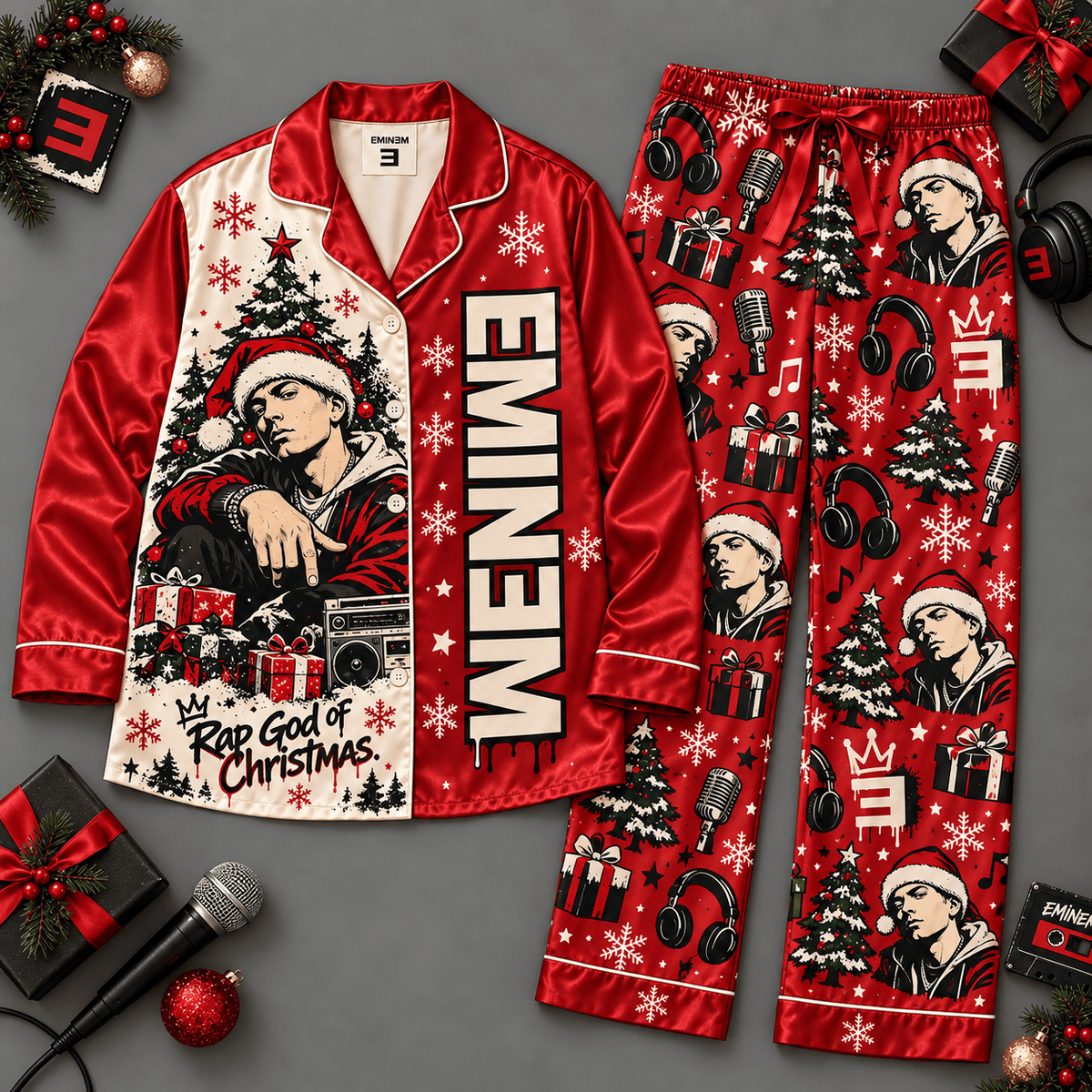 Christmas Eminem Portrait Collage Red Black Snowflake Long Sleeve Pajamas Set NDN Flat Pajamas Mockup